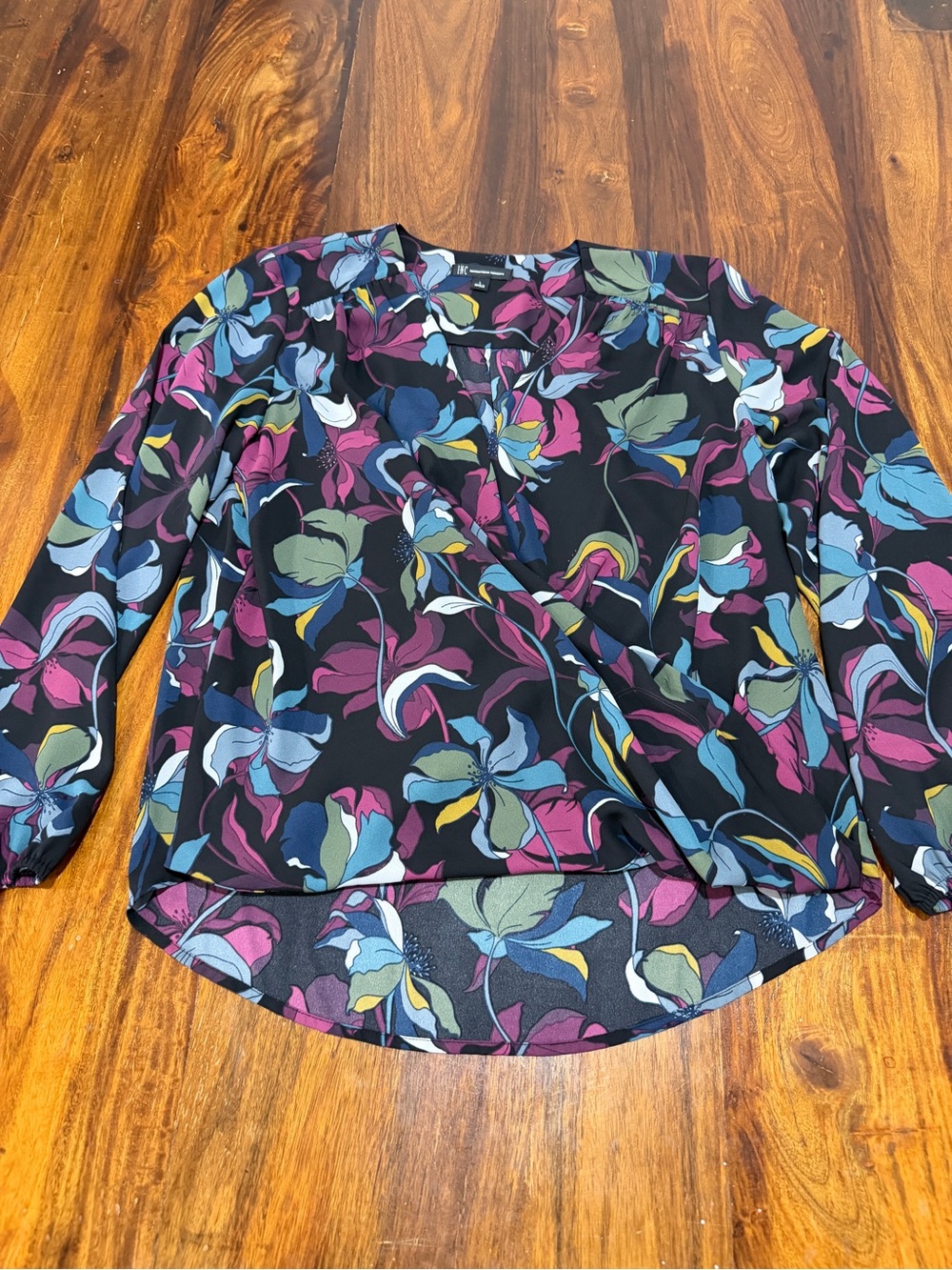 Floral V-Neck Wrap Blouse - Black with Multicolor Floral